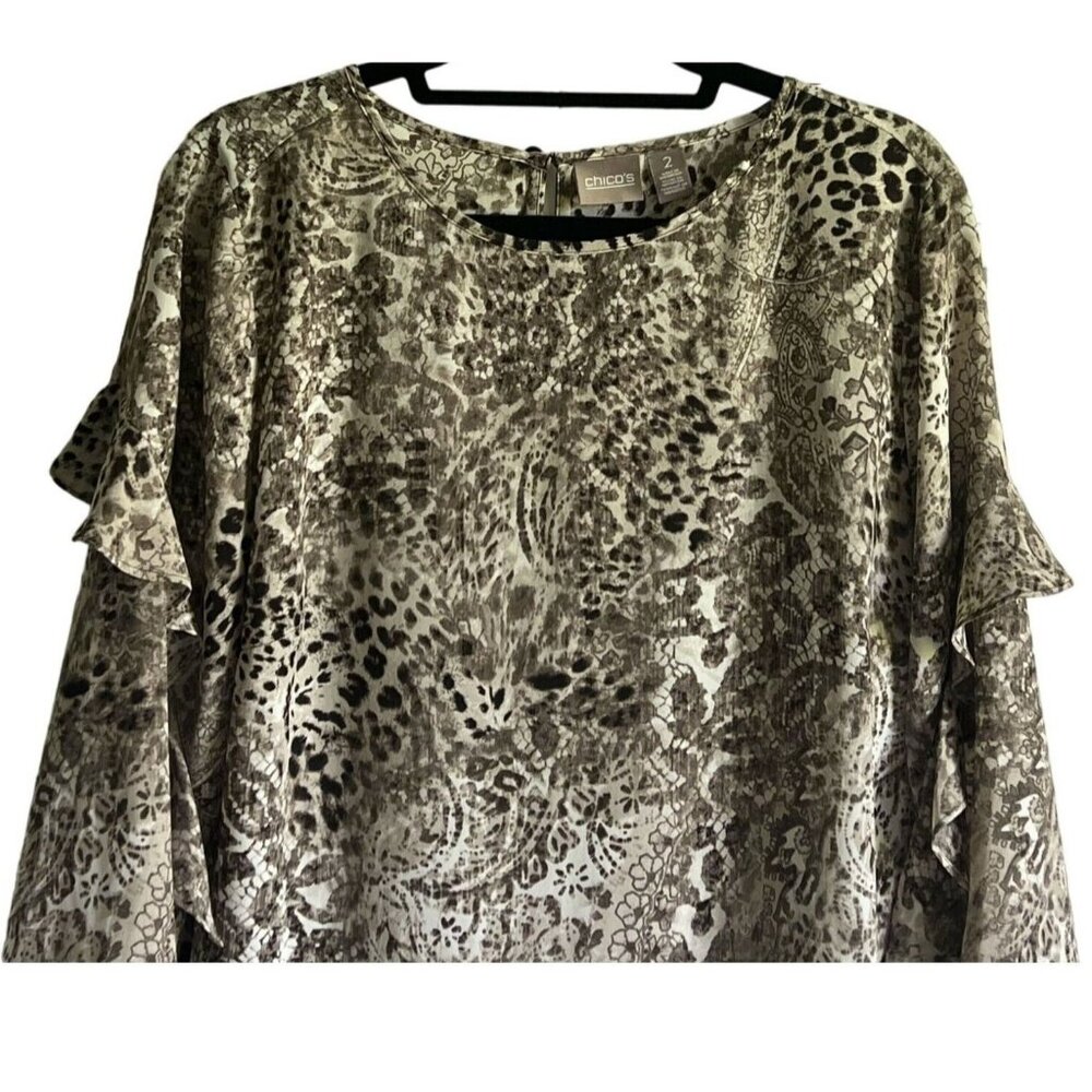 Chicos Womens Animal Floral Print Ruffle Sleeve Top Chicos Size 2 Lightweight - Picture 2 of 7